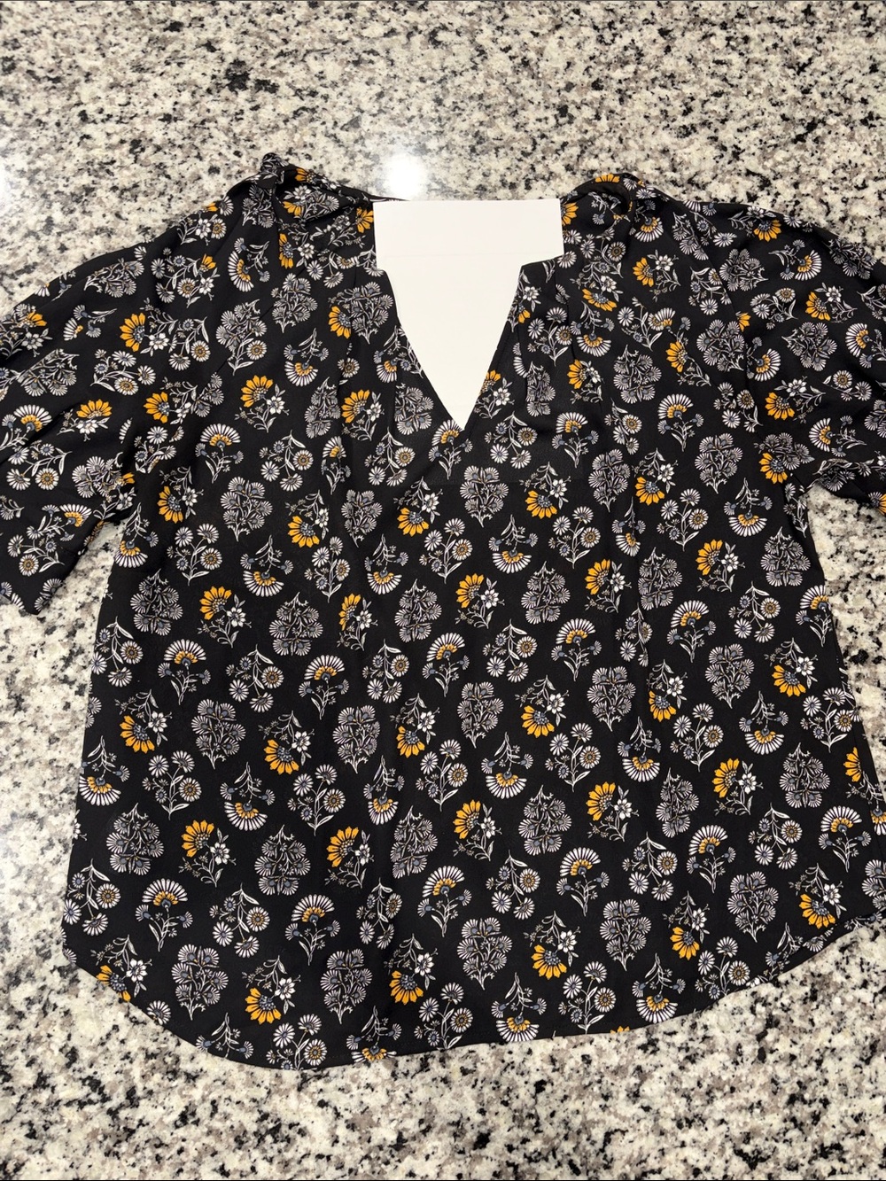 LOFT Black Floral V-Neck with Mustard Accents light weight blouse size Medium